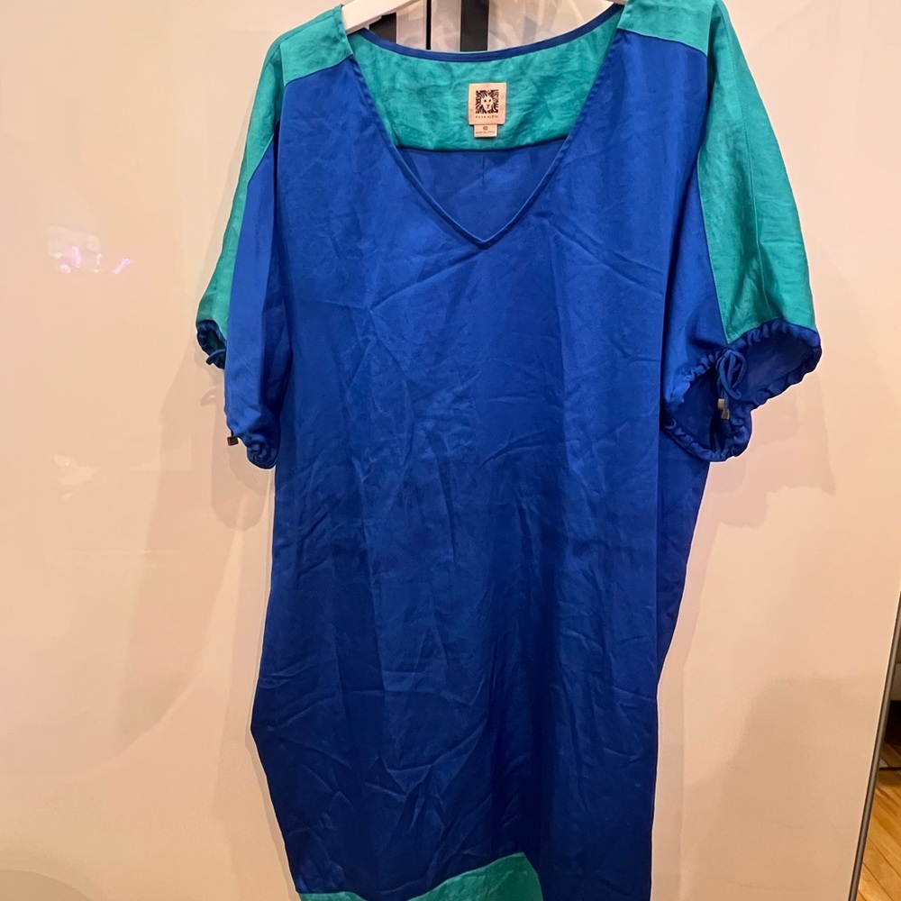 Blue and Teal Anne Klein V-Neck Dress